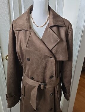 Ashley Graham Brand Women's Brown Suede Classic Belted Trench Coat Size 3X
